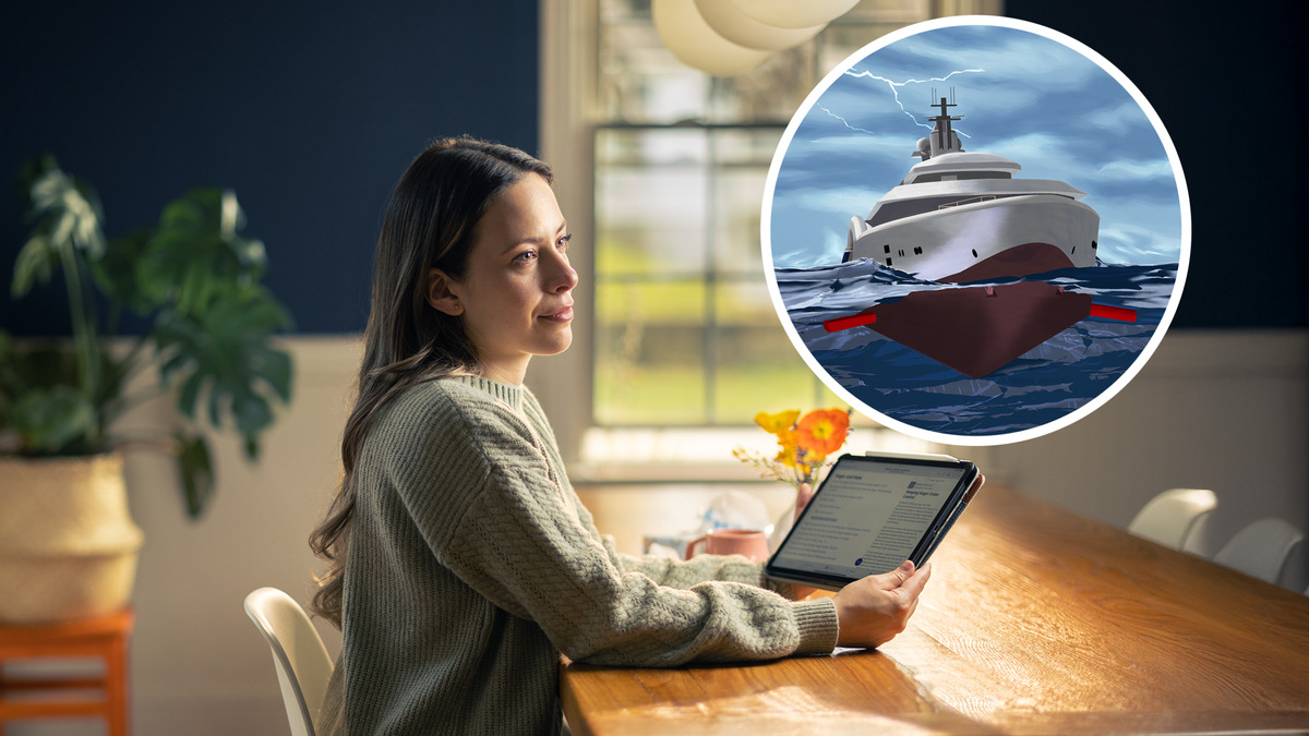 Isang sister na nakaupo sa mesa, may hawak na tablet. Sa itaas niya, iniisip niya ang isang barko sa gitna ng bagyo.